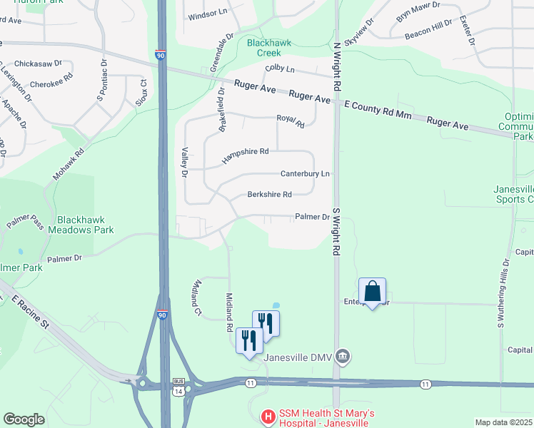 map of restaurants, bars, coffee shops, grocery stores, and more near 3321 Palmer Drive in Janesville