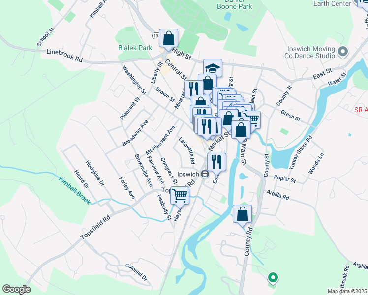 map of restaurants, bars, coffee shops, grocery stores, and more near 10 Lafayette Road in Ipswich