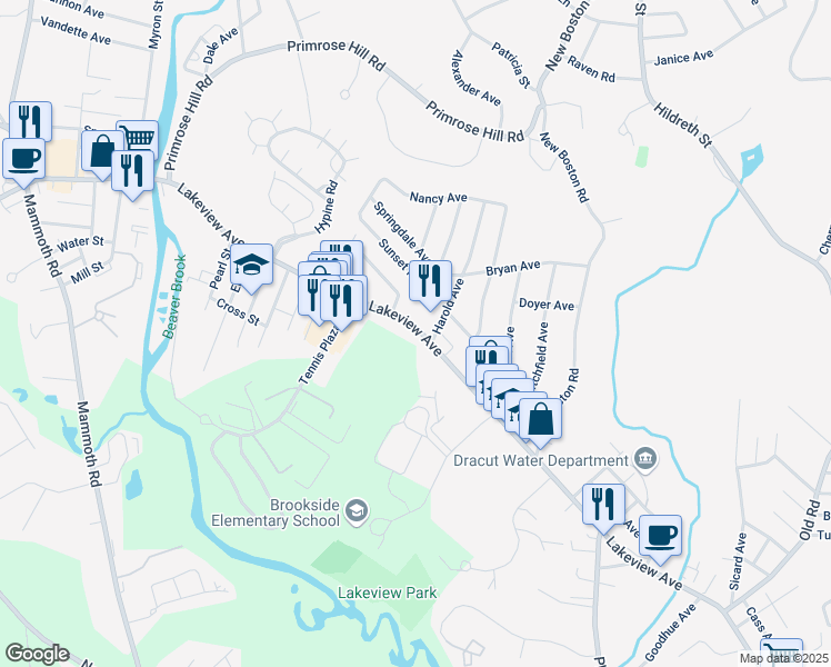 map of restaurants, bars, coffee shops, grocery stores, and more near 1666 Lakeview Avenue in Dracut