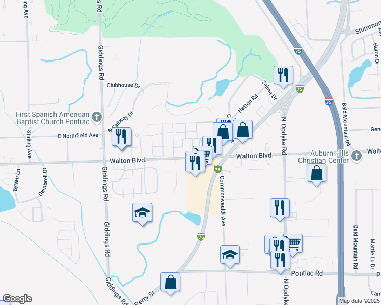 map of restaurants, bars, coffee shops, grocery stores, and more near 1289 East Walton Boulevard in Pontiac