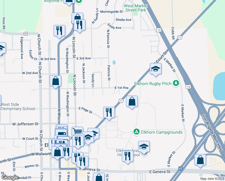 map of restaurants, bars, coffee shops, grocery stores, and more near 505 East 1st Avenue in Elkhorn