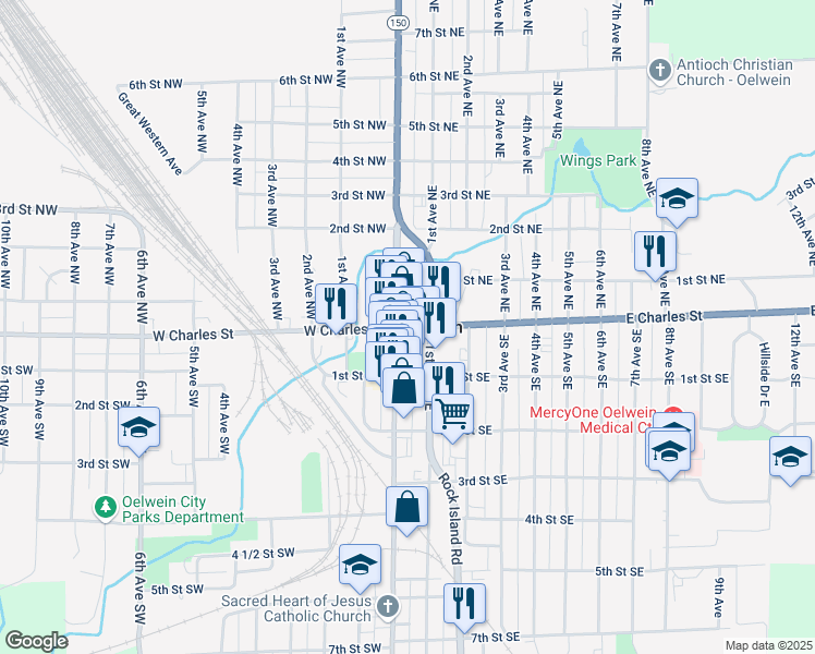 map of restaurants, bars, coffee shops, grocery stores, and more near in Oelwein
