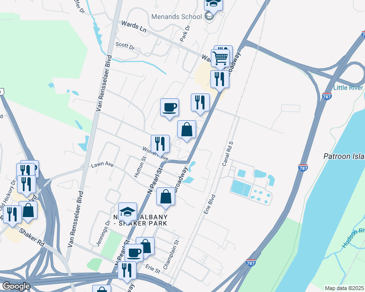 map of restaurants, bars, coffee shops, grocery stores, and more near 5 Amsterdam Avenue in Menands