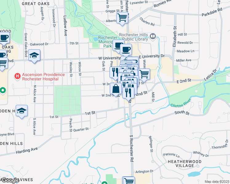map of restaurants, bars, coffee shops, grocery stores, and more near 215 West 2nd Street in Rochester