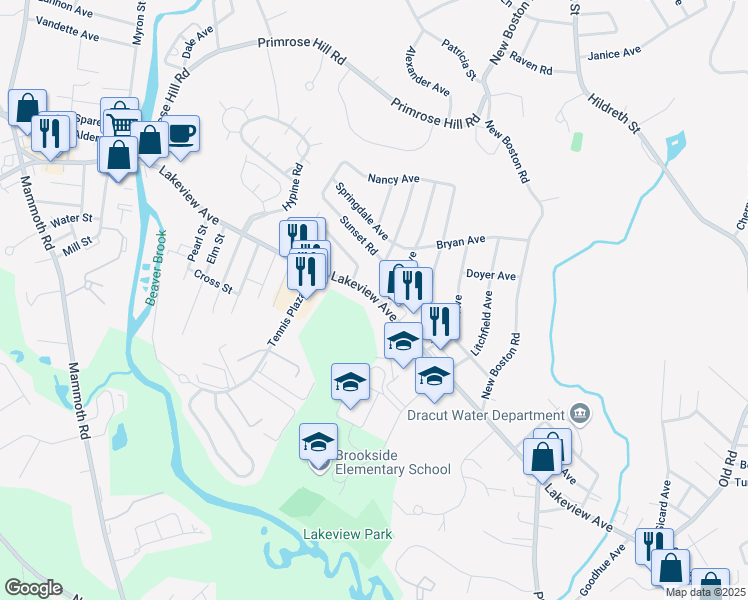 map of restaurants, bars, coffee shops, grocery stores, and more near 64 Tennis Plaza Road in Dracut