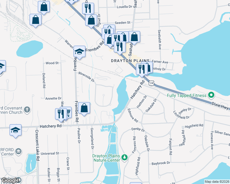 map of restaurants, bars, coffee shops, grocery stores, and more near 2757 Riverside Drive in Waterford Township