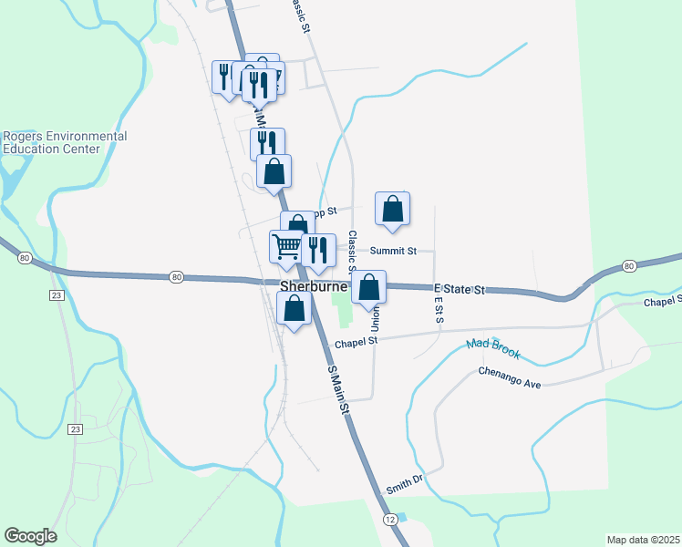 map of restaurants, bars, coffee shops, grocery stores, and more near 25 East State Street in Sherburne