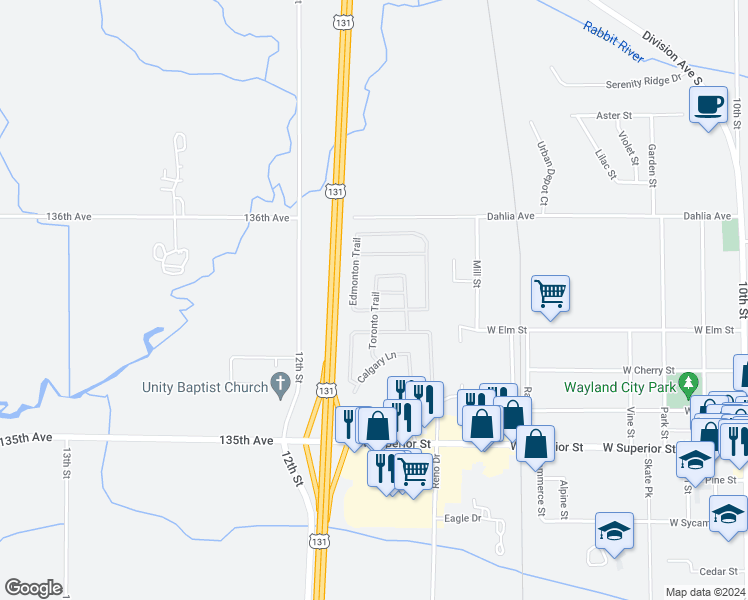 map of restaurants, bars, coffee shops, grocery stores, and more near 3554 Toronto Trail in Wayland
