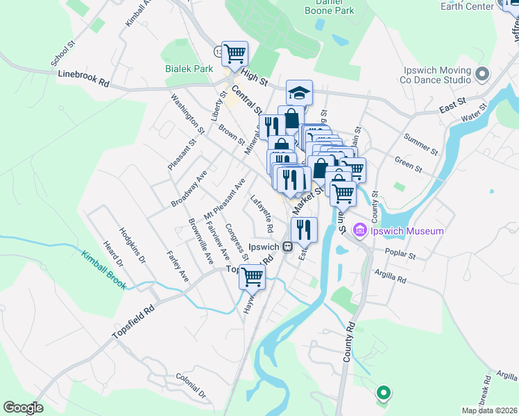 map of restaurants, bars, coffee shops, grocery stores, and more near 10 Lafayette Road in Ipswich