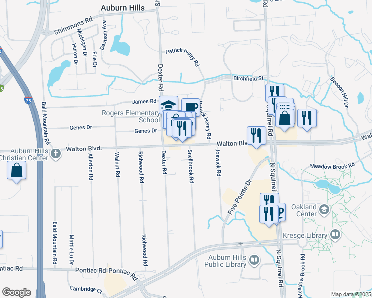map of restaurants, bars, coffee shops, grocery stores, and more near 2455 Snellbrook Road in Auburn Hills