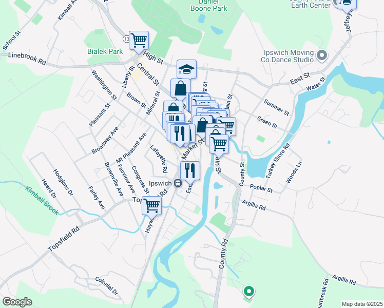 map of restaurants, bars, coffee shops, grocery stores, and more near 2 Saltonstall Street in Ipswich