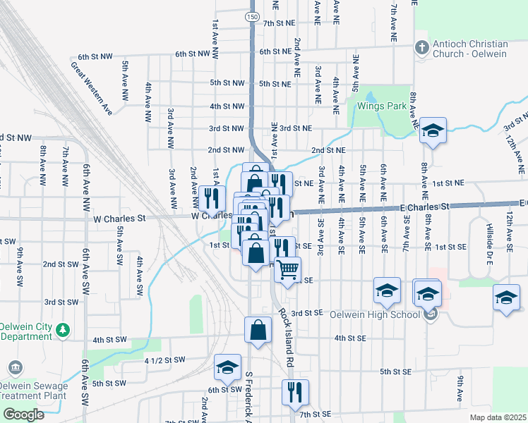 map of restaurants, bars, coffee shops, grocery stores, and more near 15 East Charles Street in Oelwein