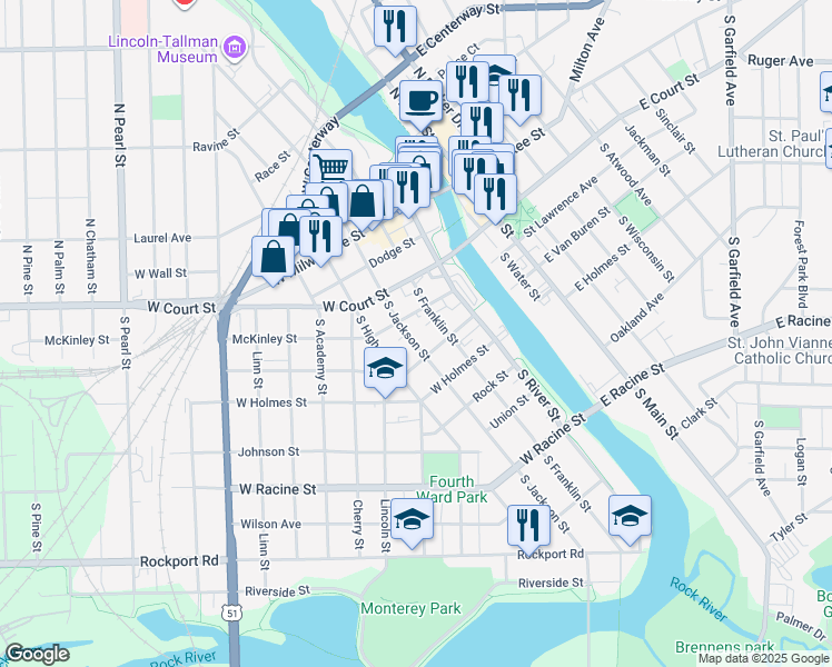 map of restaurants, bars, coffee shops, grocery stores, and more near 183 South High Street in Janesville