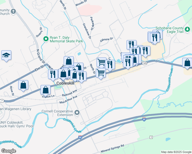 map of restaurants, bars, coffee shops, grocery stores, and more near 105 Spring Street in Cobleskill