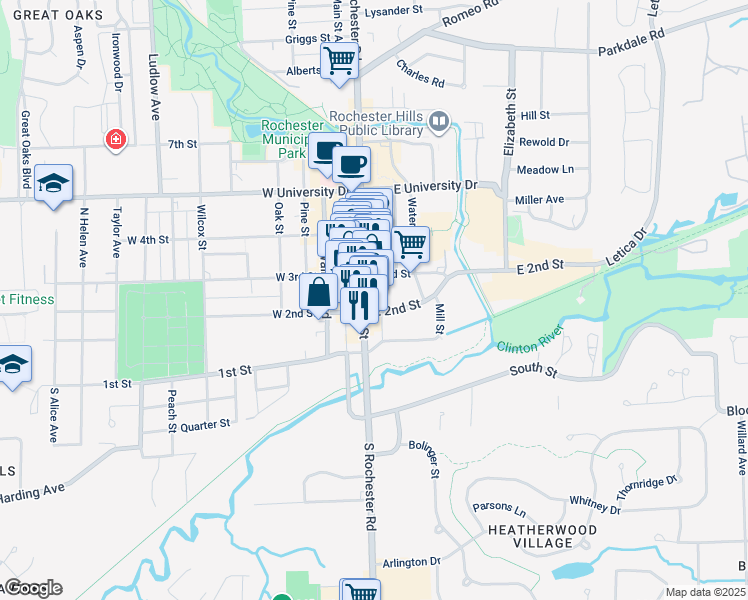 map of restaurants, bars, coffee shops, grocery stores, and more near 138 South Main Street in Rochester