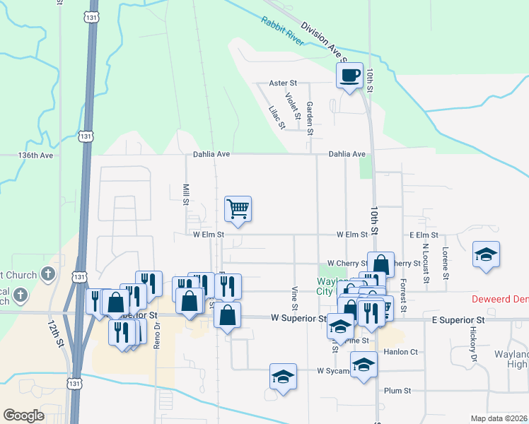 map of restaurants, bars, coffee shops, grocery stores, and more near 536 West Elm Street in Wayland