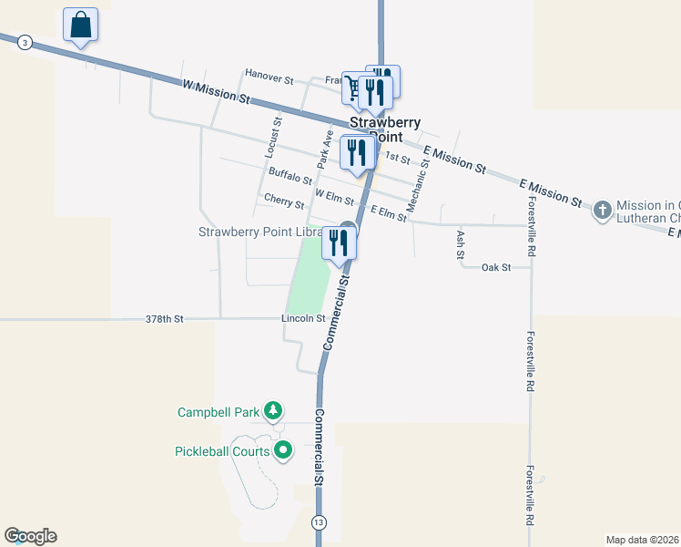 map of restaurants, bars, coffee shops, grocery stores, and more near 352 Commercial Street in Strawberry Point