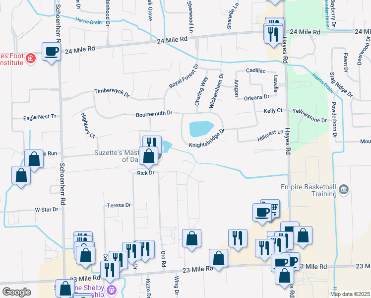 map of restaurants, bars, coffee shops, grocery stores, and more near 14400 Knightsbridge Drive in Macomb County