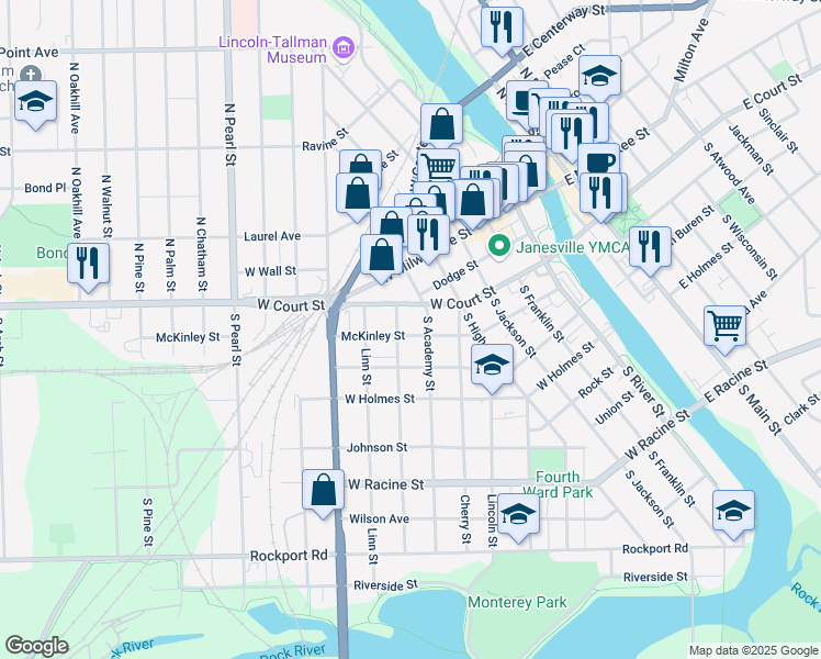 map of restaurants, bars, coffee shops, grocery stores, and more near 714 McKinley Street in Janesville