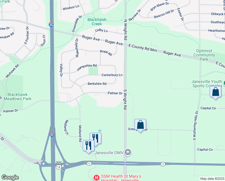 map of restaurants, bars, coffee shops, grocery stores, and more near 3435 Palmer Drive in Janesville