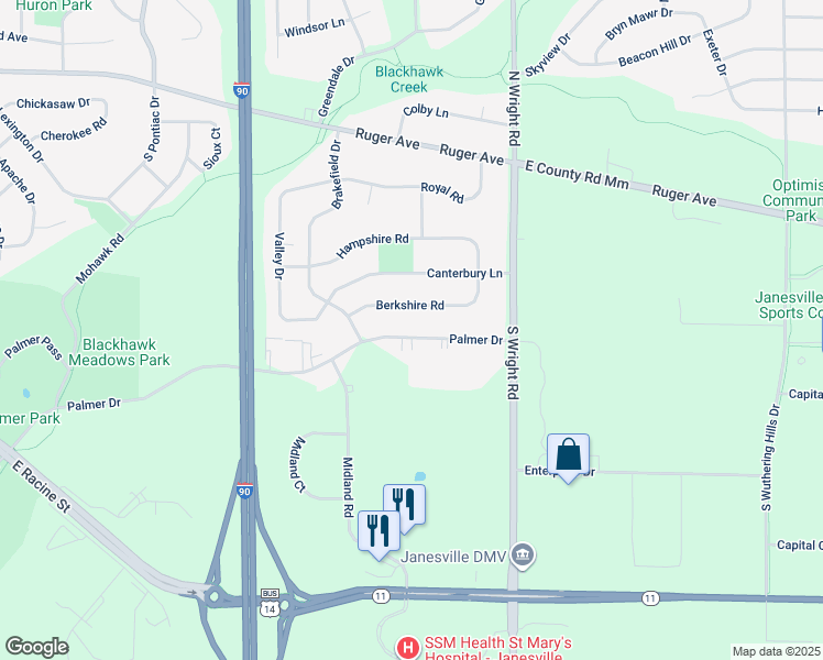 map of restaurants, bars, coffee shops, grocery stores, and more near 3319 Palmer Drive in Janesville