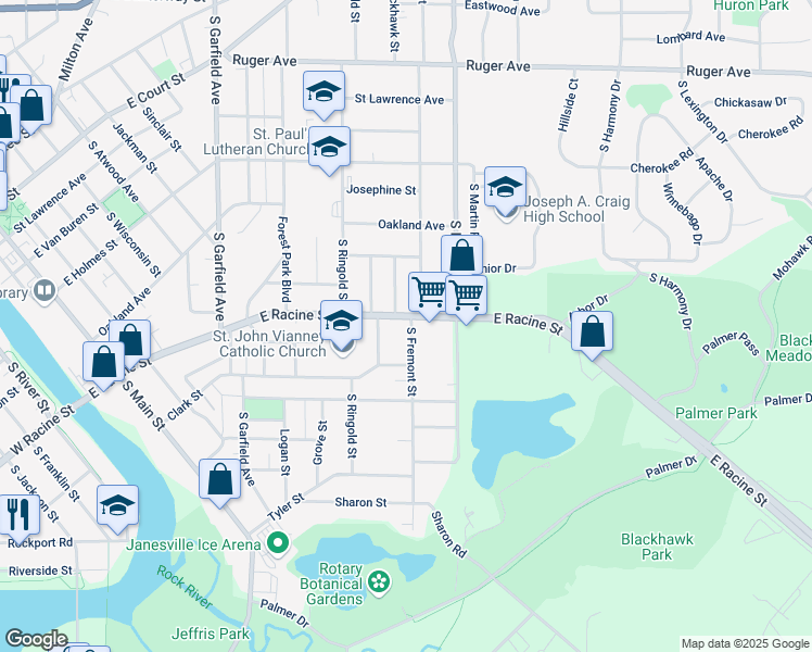 map of restaurants, bars, coffee shops, grocery stores, and more near 527 South Blackhawk Street in Janesville