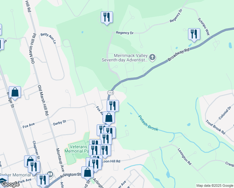 map of restaurants, bars, coffee shops, grocery stores, and more near 231 Broadway Road in Dracut