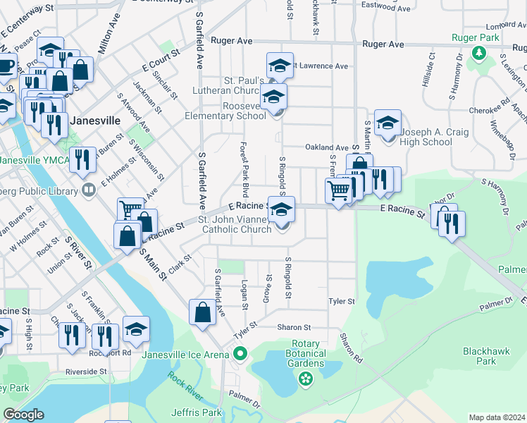 map of restaurants, bars, coffee shops, grocery stores, and more near 1216 Home Park Avenue in Janesville