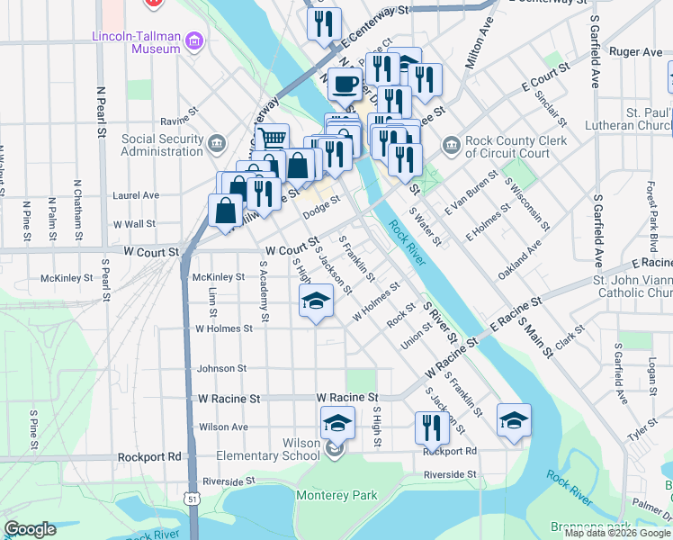 map of restaurants, bars, coffee shops, grocery stores, and more near 183 South High Street in Janesville