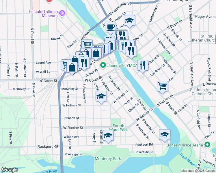 map of restaurants, bars, coffee shops, grocery stores, and more near 183 South High Street in Janesville