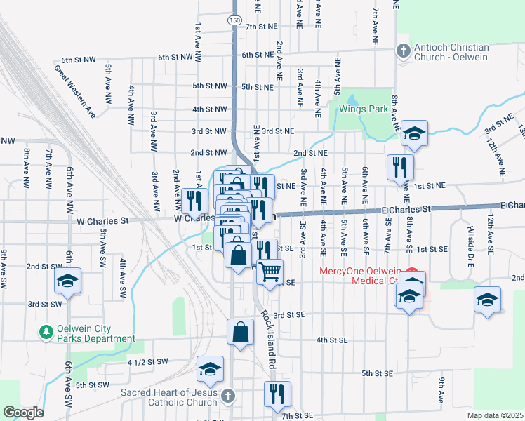 map of restaurants, bars, coffee shops, grocery stores, and more near 100 1st Street Northeast in Oelwein