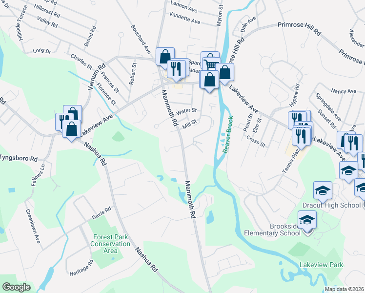 map of restaurants, bars, coffee shops, grocery stores, and more near 1068 Mammoth Road in Dracut