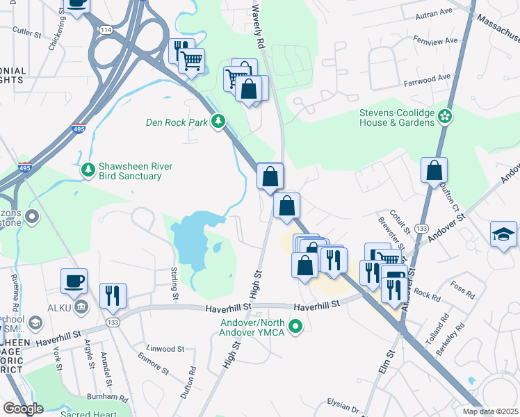 map of restaurants, bars, coffee shops, grocery stores, and more near 435 Winthrop Avenue in Lawrence