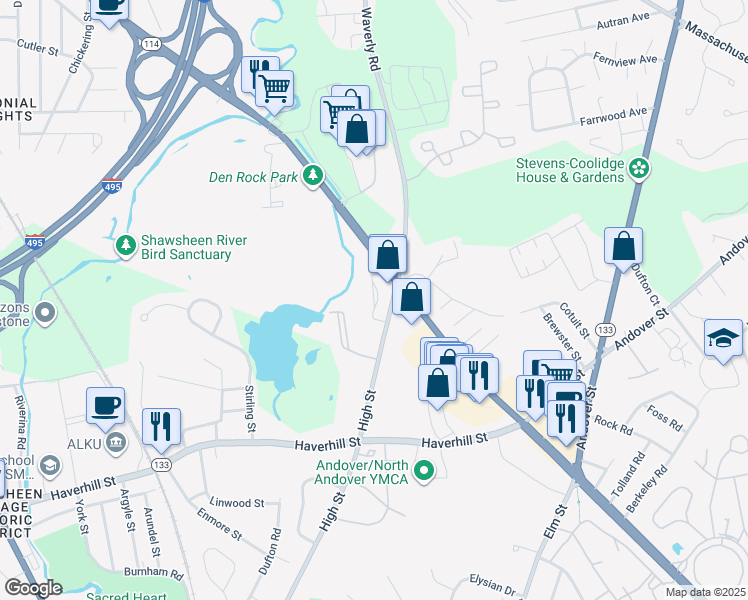map of restaurants, bars, coffee shops, grocery stores, and more near 435 Winthrop Avenue in Lawrence