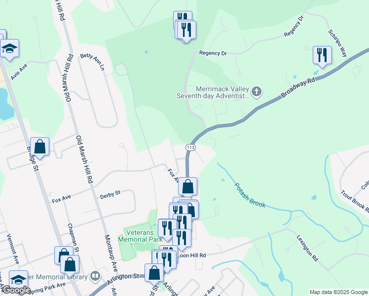 map of restaurants, bars, coffee shops, grocery stores, and more near 62 Bonnie Avenue in Dracut