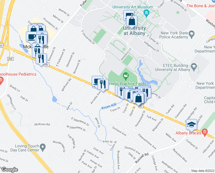 map of restaurants, bars, coffee shops, grocery stores, and more near East University Drive in Albany