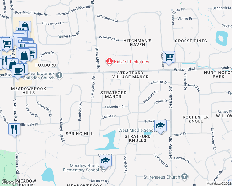 map of restaurants, bars, coffee shops, grocery stores, and more near 87 Manor Way in Rochester Hills