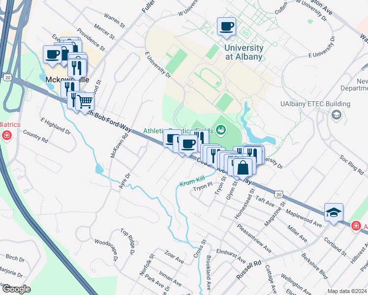 map of restaurants, bars, coffee shops, grocery stores, and more near 1251 Western Avenue in Albany