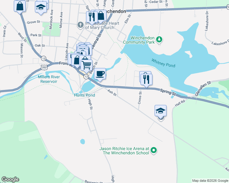 map of restaurants, bars, coffee shops, grocery stores, and more near 156 Spring Street in Winchendon