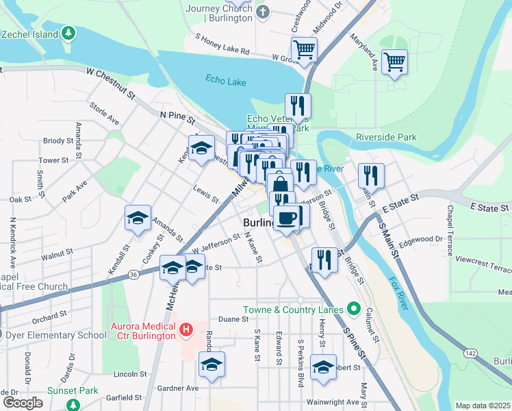 map of restaurants, bars, coffee shops, grocery stores, and more near 152 East Washington Street in Burlington