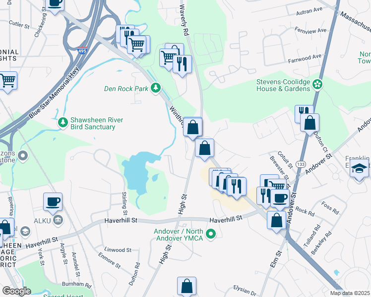 map of restaurants, bars, coffee shops, grocery stores, and more near Hawthorne Way in Lawrence
