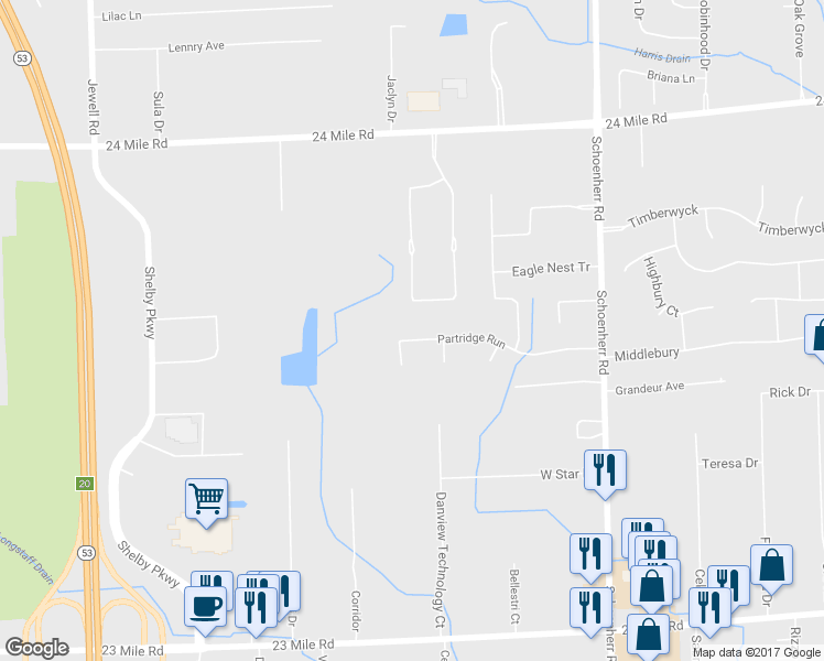 map of restaurants, bars, coffee shops, grocery stores, and more near 12791 Partridge Run in Utica