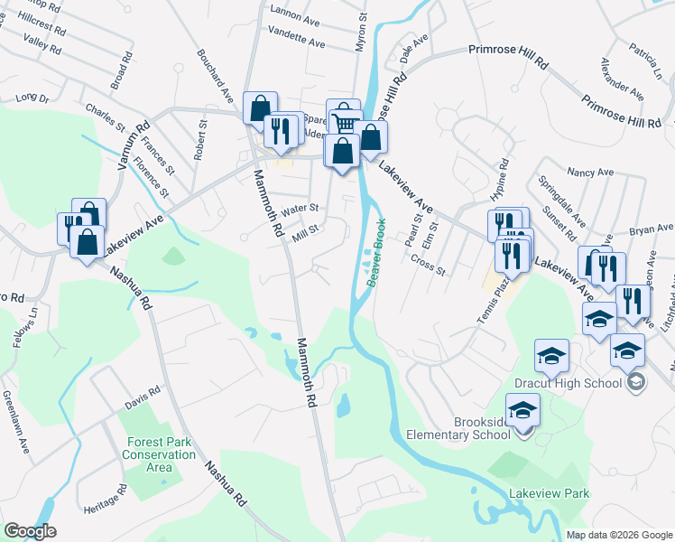 map of restaurants, bars, coffee shops, grocery stores, and more near 14 Dallas Drive in Dracut