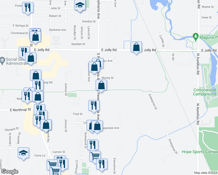 map of restaurants, bars, coffee shops, grocery stores, and more near 1023 Dennis Street in Lansing