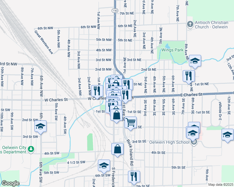 map of restaurants, bars, coffee shops, grocery stores, and more near 25 North Frederick Avenue in Oelwein