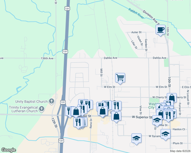 map of restaurants, bars, coffee shops, grocery stores, and more near 542 Lawrence Avenue in Wayland