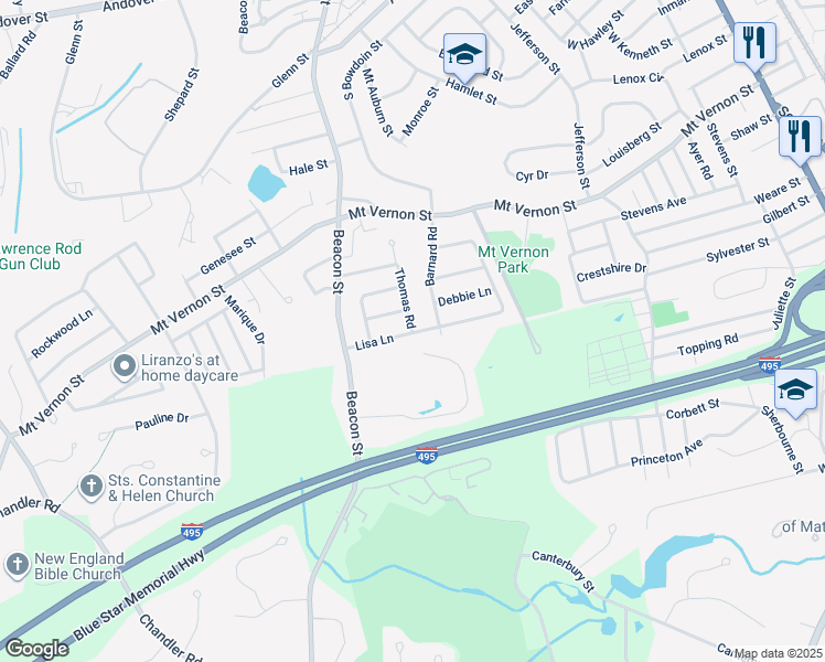 map of restaurants, bars, coffee shops, grocery stores, and more near 2 Thomas Road in Lawrence