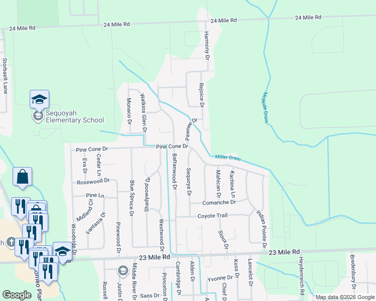 map of restaurants, bars, coffee shops, grocery stores, and more near 19787 Pine Cone Drive in Macomb