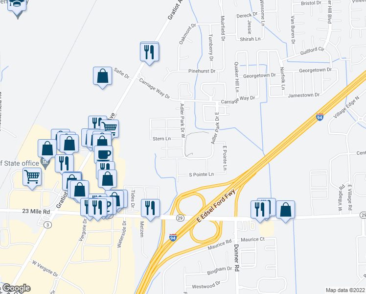 map of restaurants, bars, coffee shops, grocery stores, and more near 51872 Adler Park Drive West in New Baltimore
