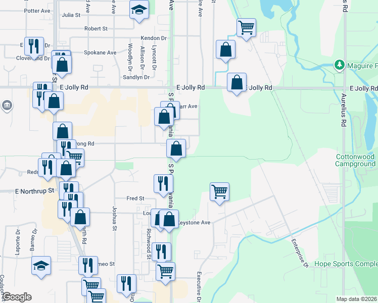 map of restaurants, bars, coffee shops, grocery stores, and more near 1032 Dennis Street in Lansing